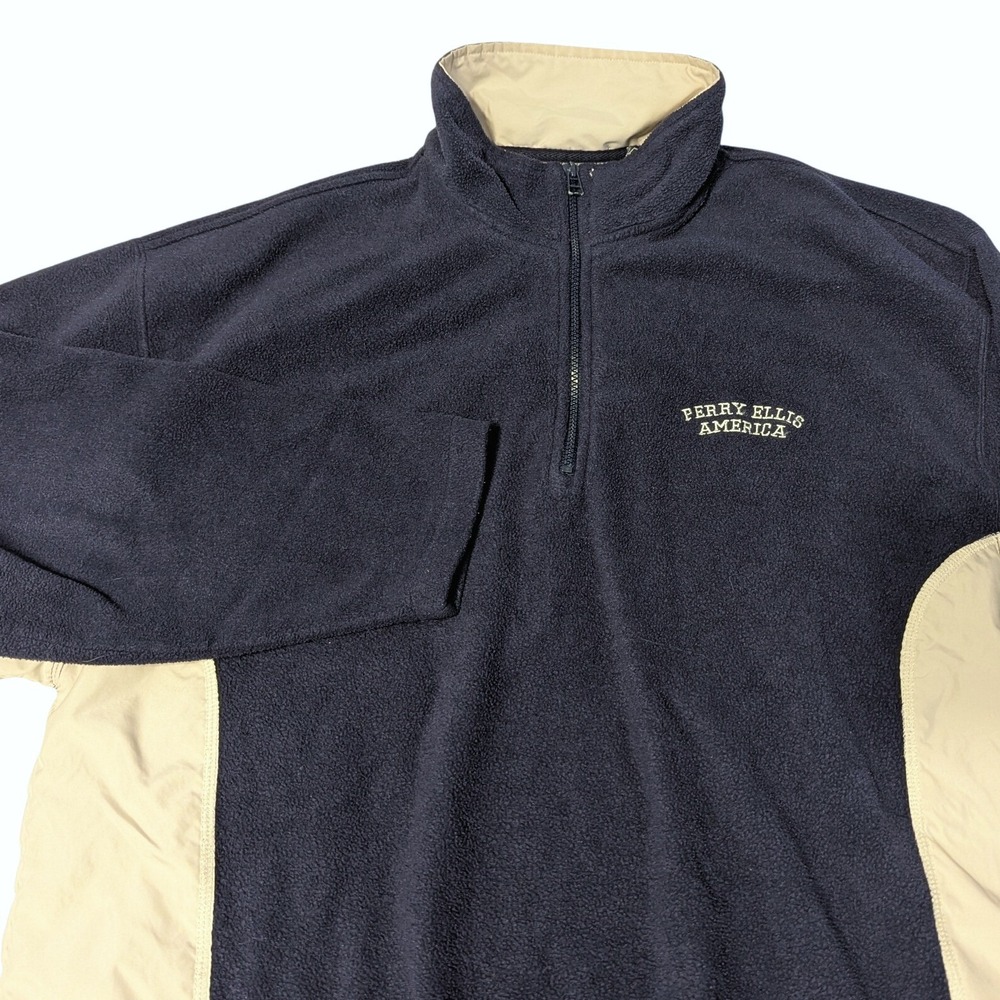 VTG Perry Ellis America Active Mens XL Fleece Quarter Zip Pullover Navy Blue Tan